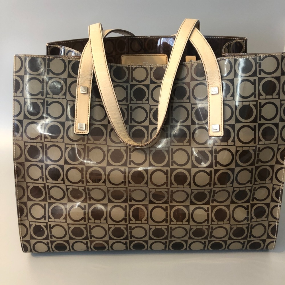 SALVATORE FERRAGAMO Translucent Gancini Logo Shopper Tote Bag Brown Silver